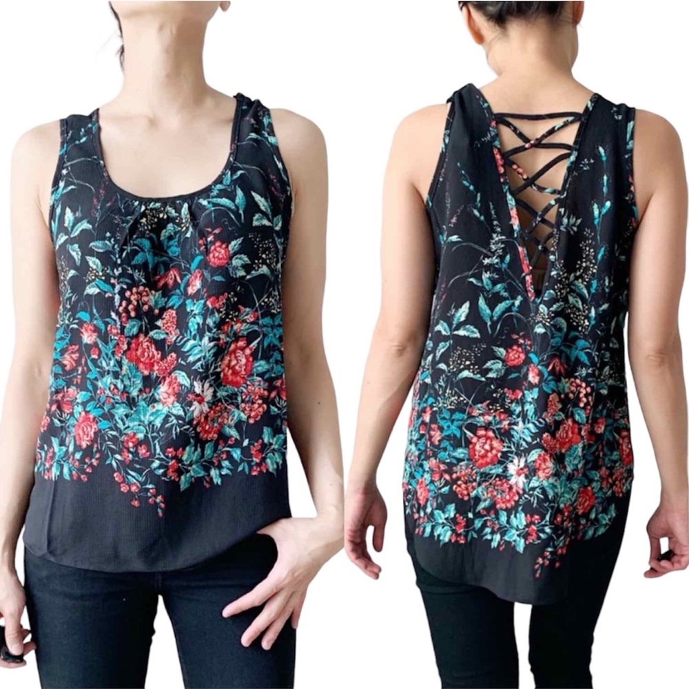 BRAND NEW SLEEVELESS FLORAL TANK WITH SEXY BACK DETAIL  - BLACK